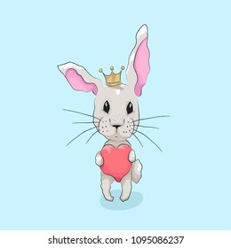Cute little rabbit with heart cartoon hand drawn vector illustration. Can be used for baby t-shirt print, fashion print design.