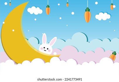 Cute little rabbit hiding behind the moon on the clouds. paper illustration.