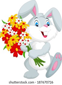 Cute little rabbit holding a bouquet