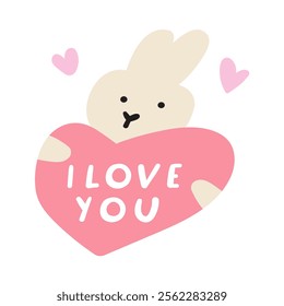 A cute little rabbit holds a heart. Phrase - I love you. Valentine's Day design. Illustration.