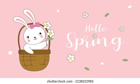 a cute little rabbit inside backet on pink background for easter and spring