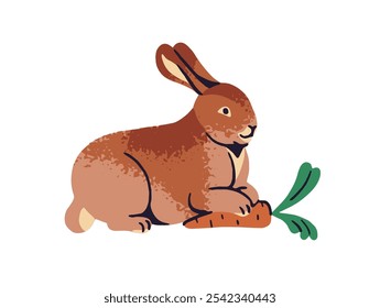 Lindo conejo con orejas largas come zanahoria. Gracioso Pequeño conejito mentir, tiene un descanso. Feliz liebre doméstica con verduras. Animales de granja, ganado. Ilustración vectorial aislada plana sobre fondo blanco