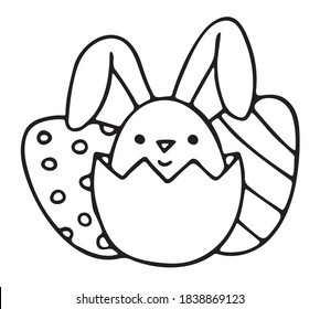 Cute little rabbit look out eggshell. Easter eggs. Hand drawn vector illustration isolated on a white background. Lovely illustration for festive design.