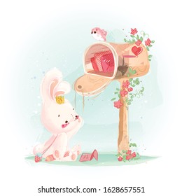 A cute little rabbit with a love mailbox full of nostalgia