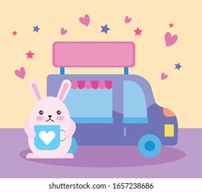 cute little rabbit with market car kawaii character vector illustration design