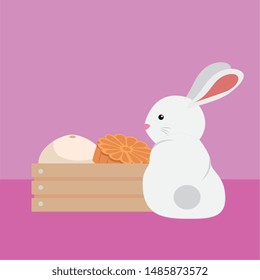 cute and little rabbit with melons in wooden box