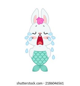 Cute little rabbit with a mermaid tail. Flat cartoon illustration of a mermaid bunny in tears isolated on a white background. Vector 10 EPS.
