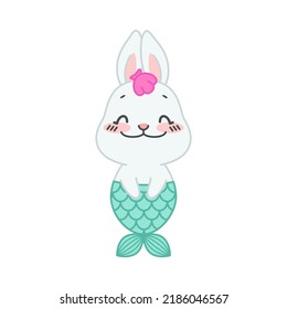 Cute little rabbit with a mermaid tail. Flat cartoon illustration of a blushing and smiling mermaid bunny isolated on a white background. Vector 10 EPS.