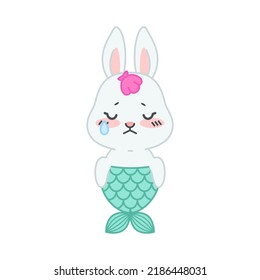 Cute little rabbit with a mermaid tail. Flat cartoon illustration of a sad mermaid bunny isolated on a white background. Vector 10 EPS.