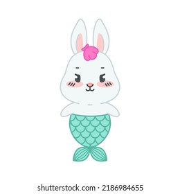 Cute little rabbit with a mermaid tail. Flat cartoon illustration of a mermaid bunny isolated on a white background. Vector 10 EPS.
