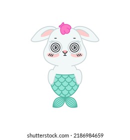 Cute little rabbit with a mermaid tail. Flat cartoon illustration of a mermaid bunny with spiral eyes isolated on a white background. Vector 10 EPS.