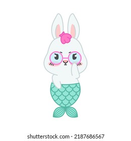 Cute little rabbit with a mermaid tail. Flat cartoon illustration of a mermaid bunny wearing eyeglasses isolated on a white background. Vector 10 EPS.
