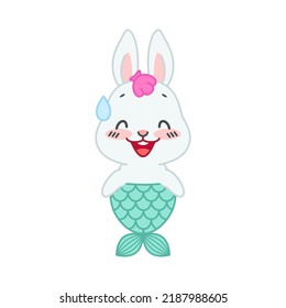 Cute little rabbit with a mermaid tail. Flat cartoon illustration of a nervous mermaid bunny isolated on a white background. Vector 10 EPS.