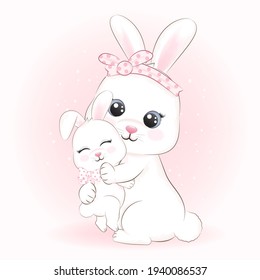 Cute Little rabbit and mom drawn cartoon animal watercolor illustration