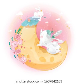 Cute little rabbit and moon in the bright sky.