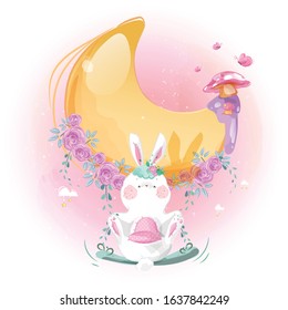 Cute little rabbit and moon in the bright sky.