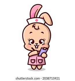 Cute little rabbit in nurse uniform is writing using pen. Cartoon mascot.