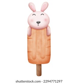 Cute little rabbit on carrot popsicle or ice cream. Watercolor vector illustration design. Summer and tasty concept.