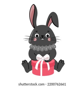 Pequeña caja de regalo de apertura de conejo. Conejo negro con regalo. Ilustración vectorial plana del personaje de la caricatura de la liebre.