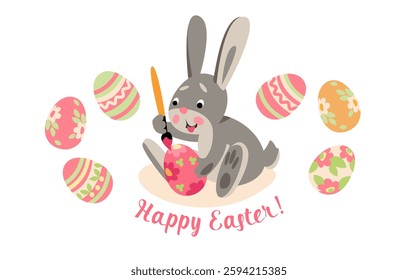 Cute little rabbit paints an Easter egg with a brush