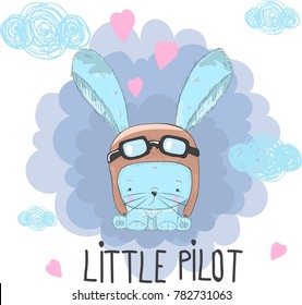 Cute little rabbit pilot cartoon hand drawn vector illustration. Can be used for printing t-shirt baby print designs fashion, kids wear, celebration greetings baby shower invitation cards.