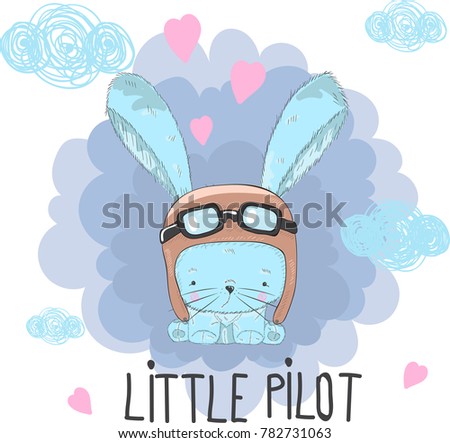 Cute little rabbit pilot cartoon hand drawn vector illustration. Can be used for printing t-shirt baby print designs fashion, kids wear, celebration greetings baby shower invitation cards.