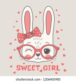 Cute little rabbit with pink glasses. Sweet Girl slogan. Funny bunny face. Vector illustration for children print design, kids t-shirt, baby wear