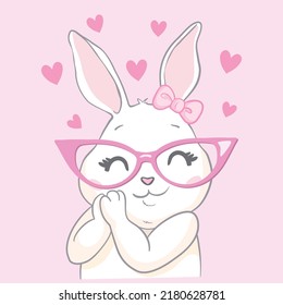 Cute little rabbit with pink glasses. Funny bunny face. Vector illustration for children print design, kids t-shirt, baby wear