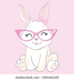 Cute little rabbit with pink glasses. Funny bunny face. Vector illustration for children print design, kids t-shirt, baby wear