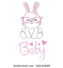Cute little rabbit with pink glasses. Funny bunny face. Vector illustration for children print design, kids t-shirt, baby wear