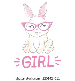 Cute little rabbit with pink glasses. Funny bunny face. Vector illustration for children print design, kids t-shirt, baby wear