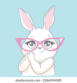 Cute little rabbit with pink glasses. Funny bunny face. Vector illustration for children print design, kids t-shirt, baby wear