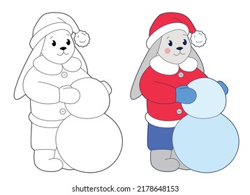 Cute little rabbit in red hat is making snowman.  Design element or page of  children's coloring book. Black-and-white and color contour illustration on a white background	

