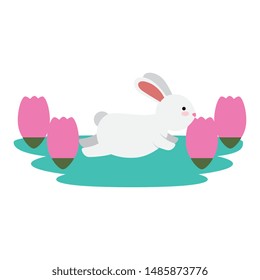 cute and little rabbit in roses garden scene