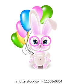 A cute little rabbit in round pink glasses with pink ears is holding colorful balloons in its paw. 3d vector illustration.