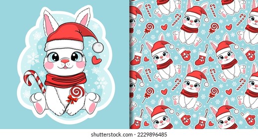 Cute Little Rabbit Santa Clause Symbol of 2023. Cartoon Vector sticker and seamless pattern