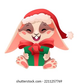 Cute little rabbit in a Santa hat. Christmas happy bunny for banner or greeting card. Vector cartoon hand drawn illustration