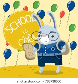 Cute little rabbit in school uniform reading a book on the background with colorful balloons. School is cool vector illustration, design element for poster or banner