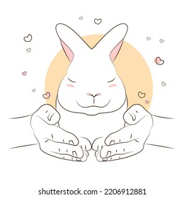 Cute Little Rabbit Sits Trustingly In Palm Of Human. Easter Bunny. Hare Like Symbol New Year. Love For Animals. Wildlife Protection. Rabbit Breeding Or Petting Zoo. Sketch, Linear Contour Drawing