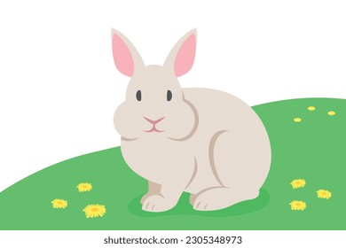 Cute little rabbit sitting on the green grass. Domestic farm animal. Flat cartoon illustration of bunny. Spring meadow background