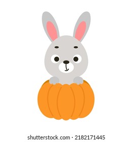 Cute little rabbit sitting in a pumpkin. Cartoon animal character for kids t-shirts, nursery decoration, baby shower, greeting card, invitation. Vector stock illustration