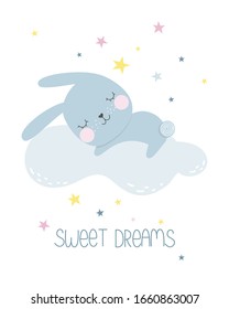 Cute little rabbit sleeping on a cloud. Cartoon Vector illustration with the inscription Sweet Dreams isolated on a white background.