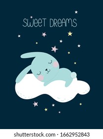 Cute kleines Kaninchen schlafend auf einer Wolke, Sterne und Inschrift Sweet Dreams auf dunkelblauem Hintergrund. Cartoon Vektorillustration Illustration.