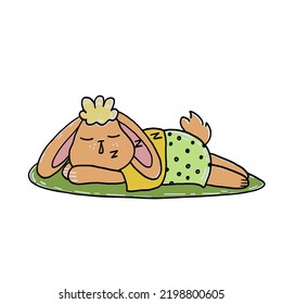 Cute little rabbit sleeps on a green lawn. Vector hand drawn cartoon illustration. 