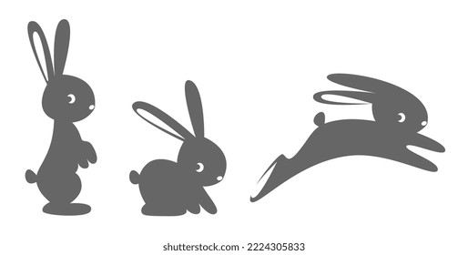 Cute little rabbit stands, sits, jumps, runs away. One-color drawing, icon, logo