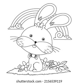 Cute little rabbit. Summer coloring book for kids. Vector black and white illustration in cartoon style. Contour on a white background. Hand drawing.