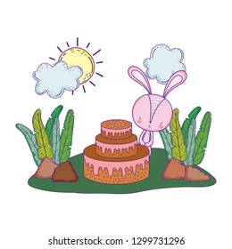 cute little rabbit with sweet cake in the landscape