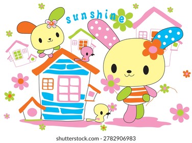 Cute little rabbit and tiny birds playing in front of a lovely countryside cottage, sweet home vector for nursery.