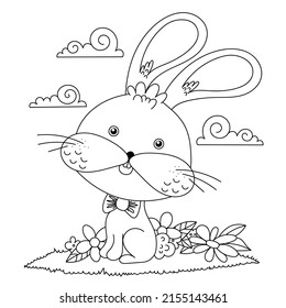 Cute little rabbit. Vector black and white illustration in cartoon style. Contour on a white background. Summer coloring book for kids. Hand drawing.