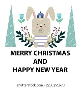 Cute Little Rabbit Vector with Christmas and New Year Greeting Card